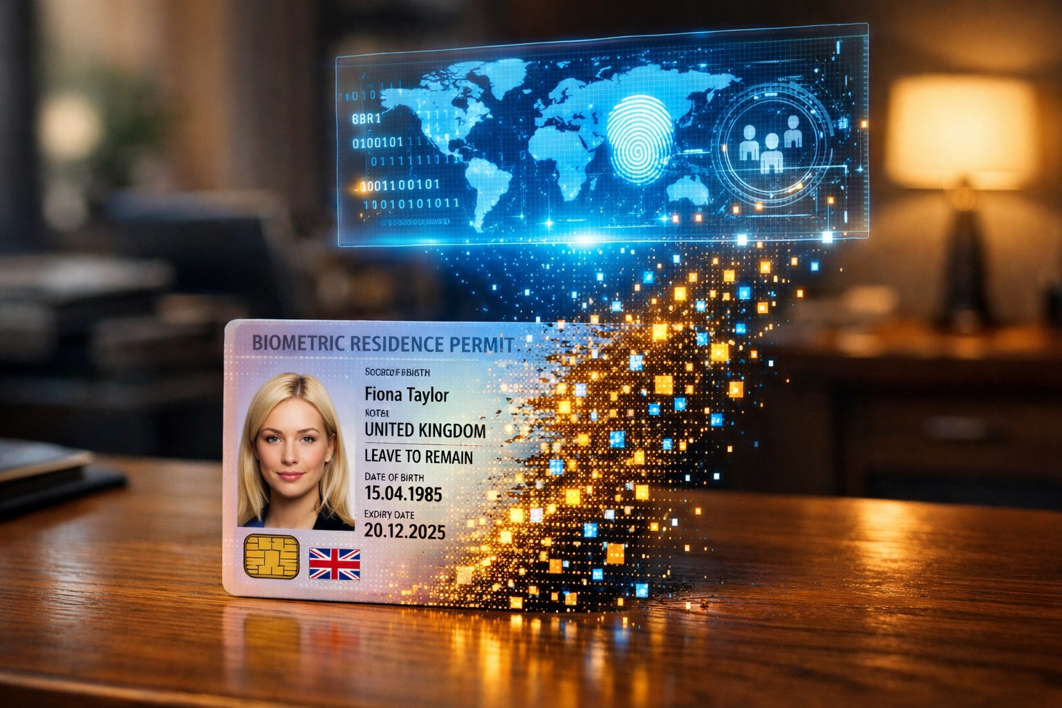 A physical BRP card transforming into digital data, representing the UK's shift to the new paperless eVisa system.