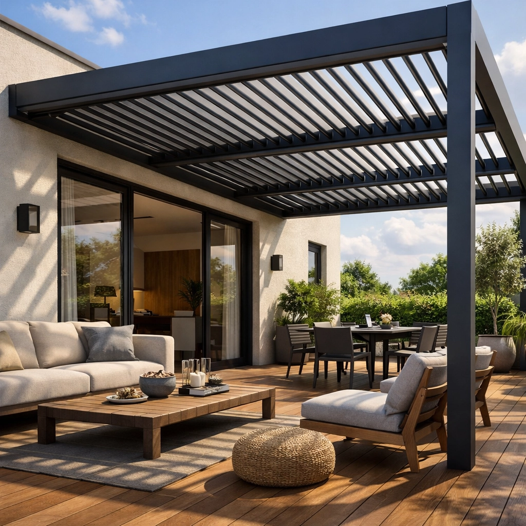 Modern charcoal aluminium louvre system providing shade on a residential timber deck.