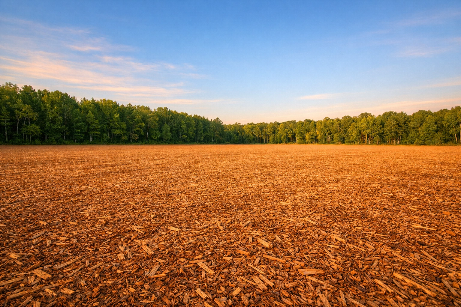 Wide-angle view of a professionally cleared and leveled Michigan property covered in fresh wood mulch.