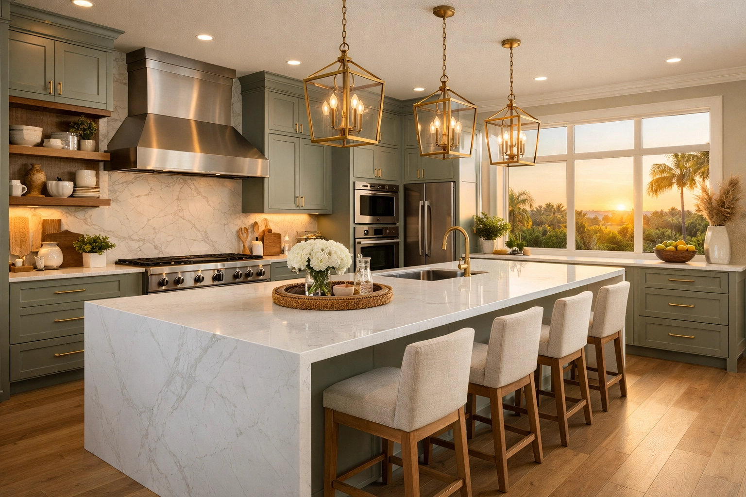 High-value kitchen renovation in Central Florida featuring a quartz waterfall island and sage-green cabinetry.