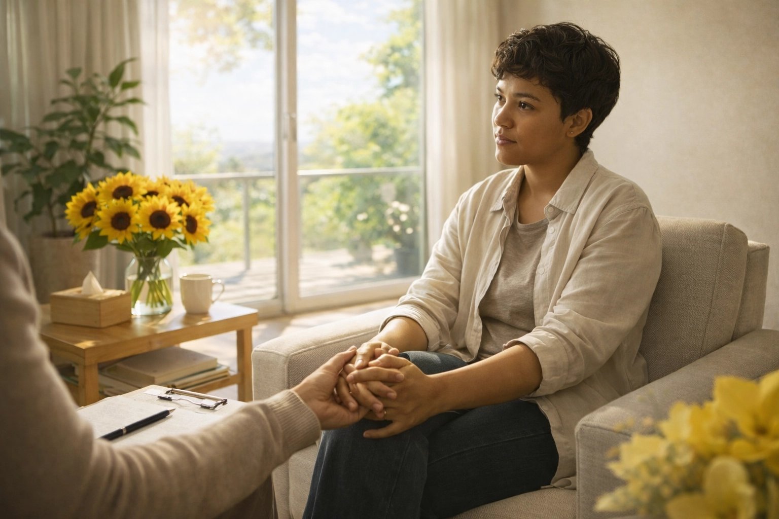 A calm person in a sun-filled room with yellow flowers, illustrating the hope found in grief counseling.