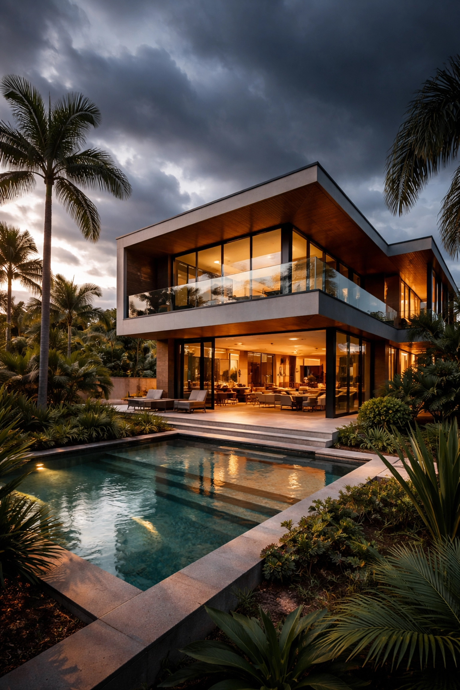 Modern architecturally designed Brisbane home at sunset with subtropical landscaping and dramatic lighting