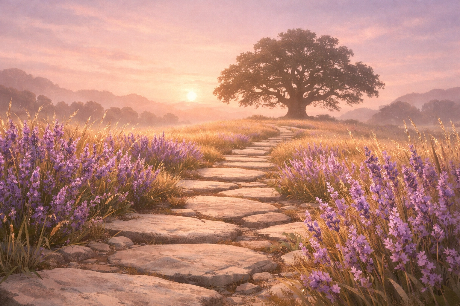 A winding stone path through a field at sunrise representing the journey of self-transformation and healing.