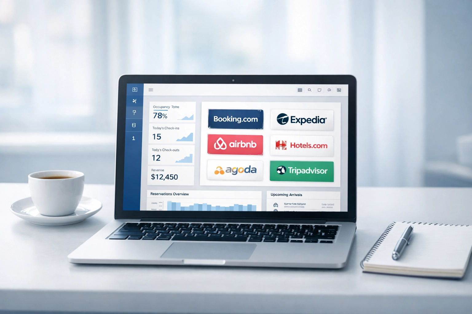 Hotel manager using channel manager dashboard to sync multiple booking platforms in one system