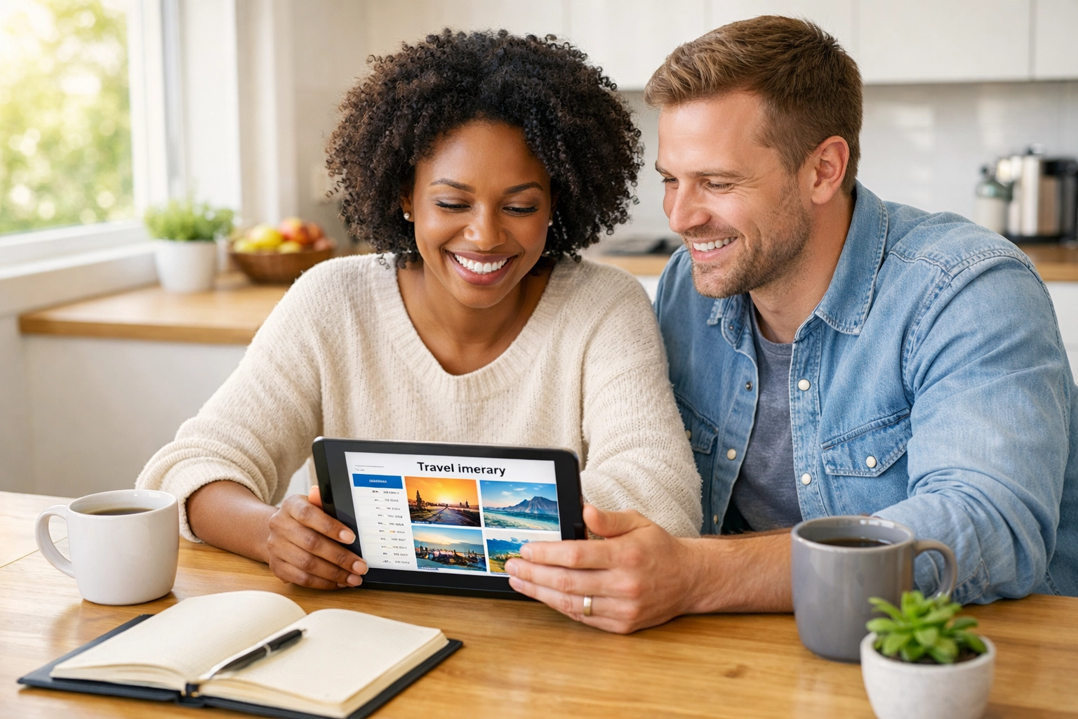 Couple reviewing custom travel itinerary on tablet while planning vacation at home