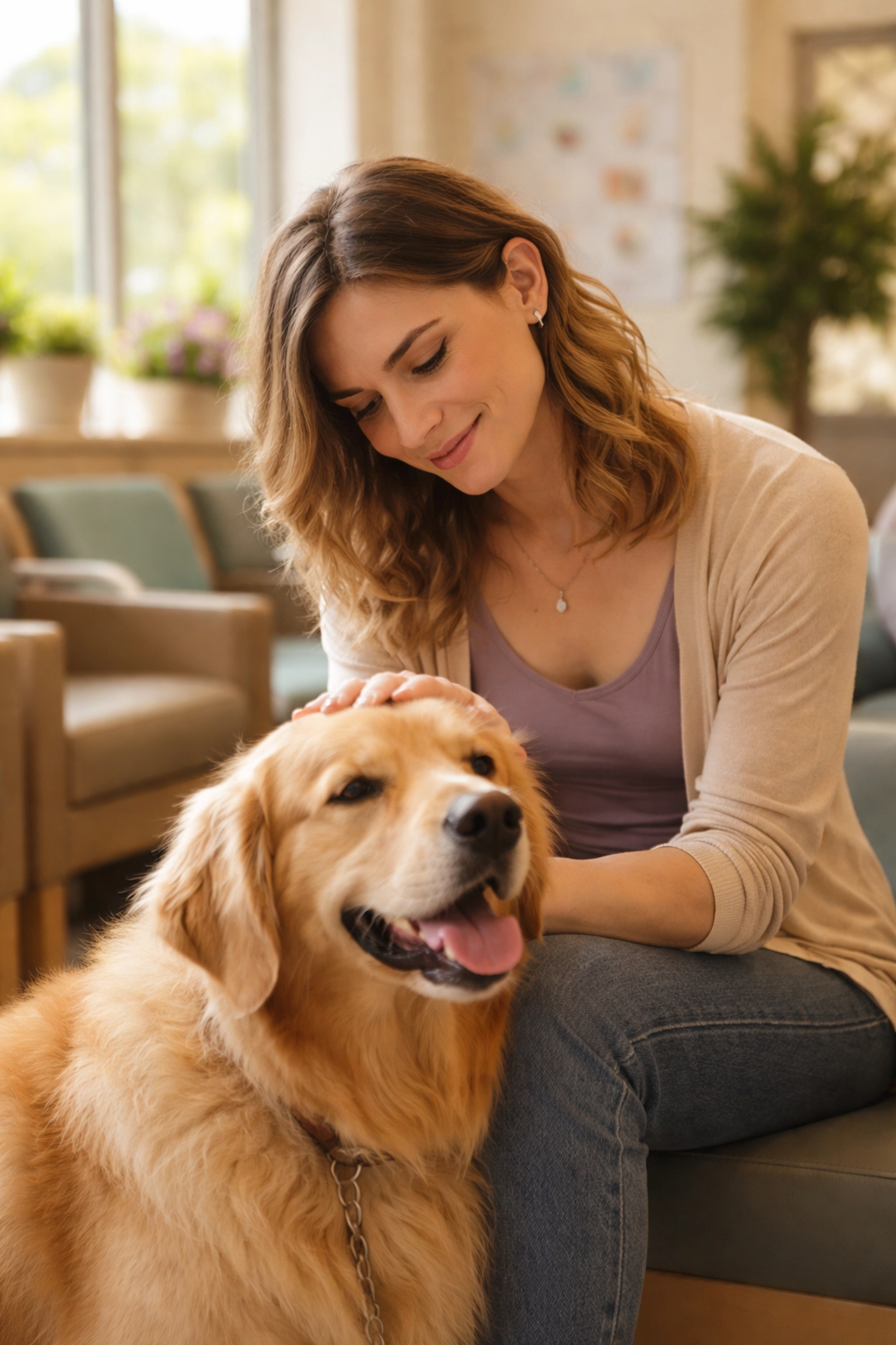 Transgender person with golden retriever at a welcoming vet clinic, highlighting trans-friendly pet care.