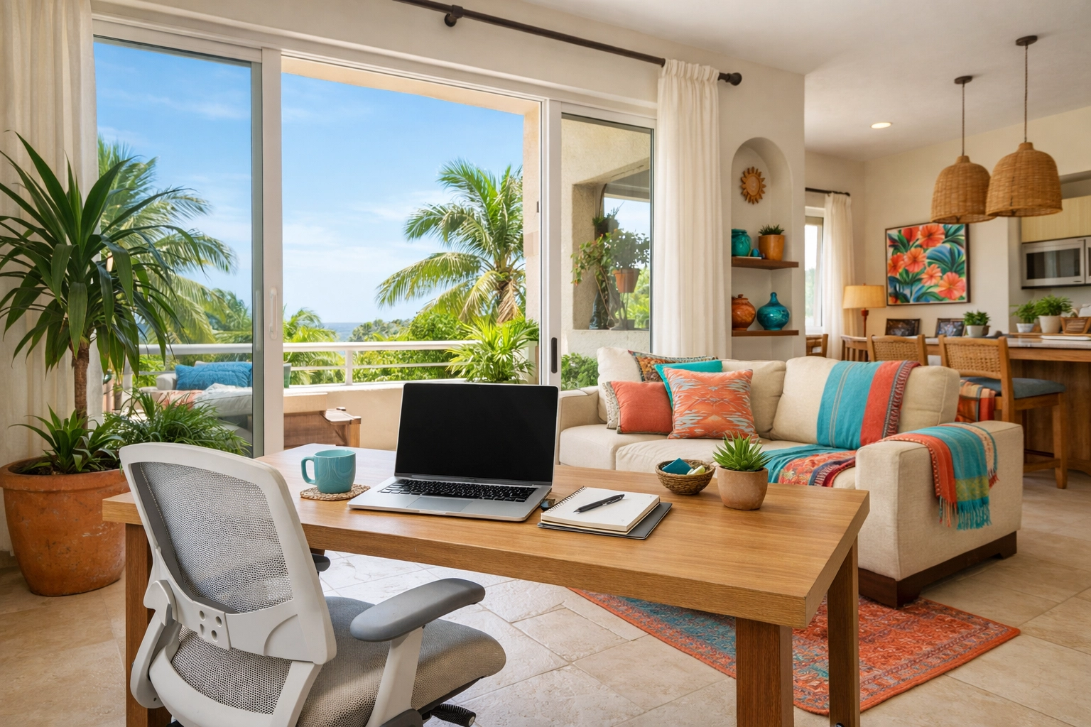 Bright furnished condo interior with workspace perfect for long term rentals Puerto Vallarta