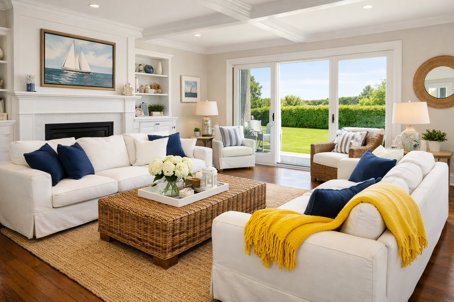 Pristine Falmouth coastal living room reflecting the results of consistent weekly house cleaning.