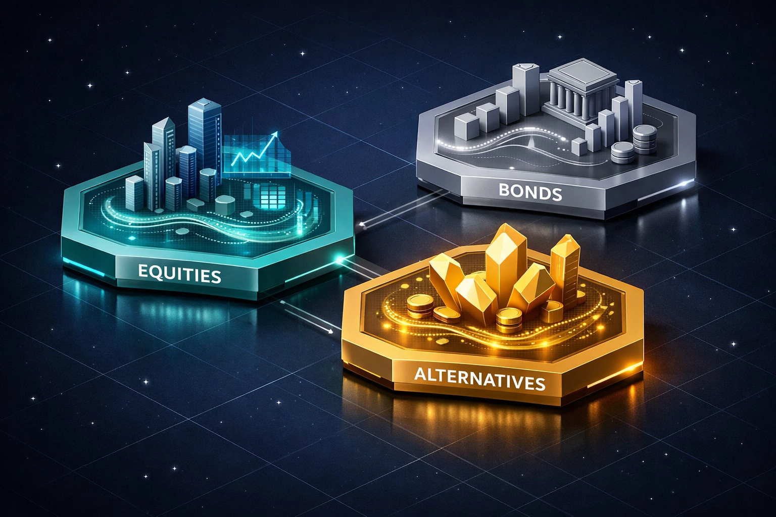 Modern portfolio dashboard showing interconnected equities, bonds, and alternative investment allocations