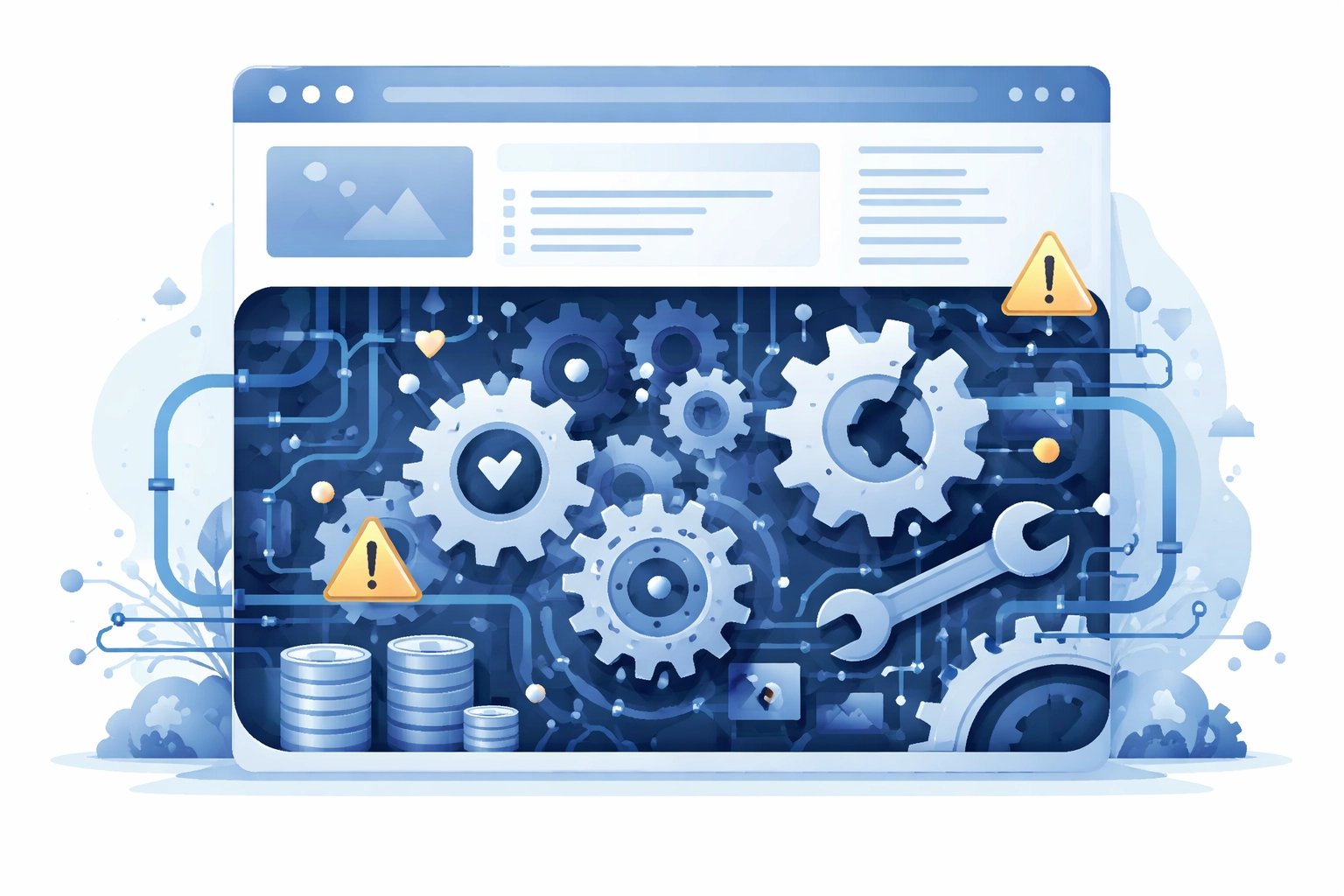 Stylized website engine with broken gears, showing technical issues that affect website SEO and Google rankings