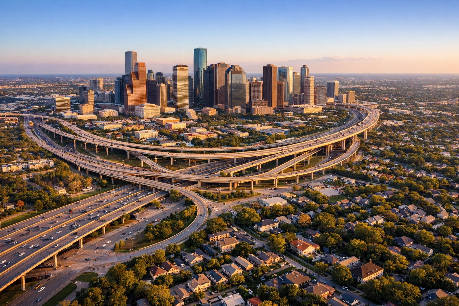 Aerial view of Houston's I-610 Loop showing urban downtown skyline and sprawling suburban neighborhoods