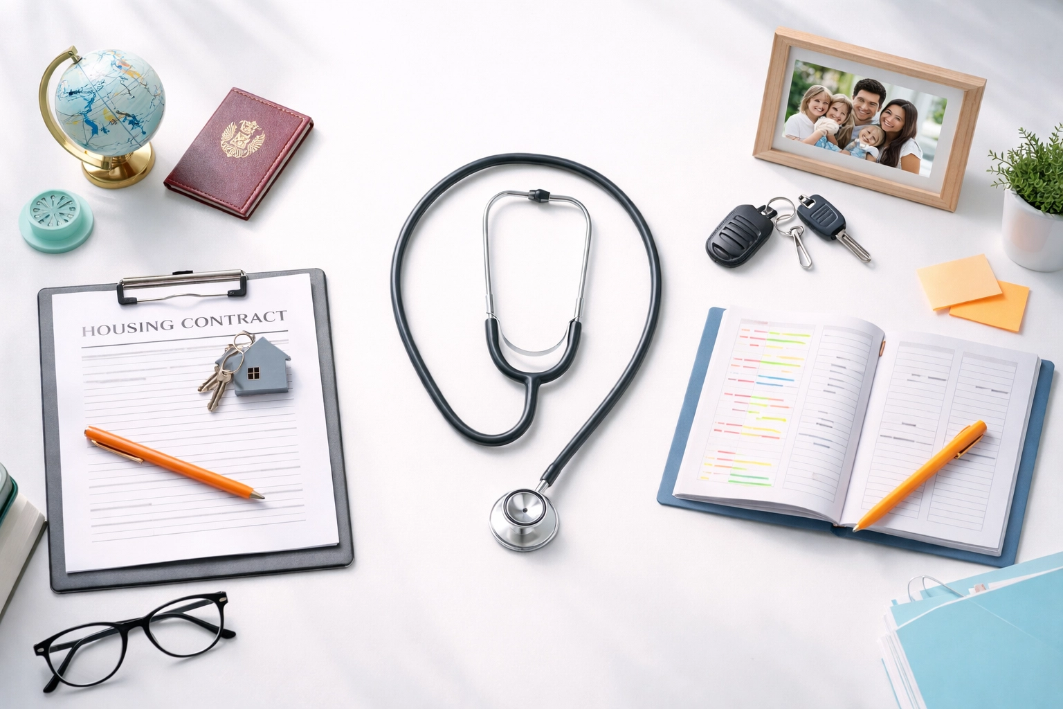 Overhead of desk with travel and family items, illustrating lifestyle choices between travel nursing and PRN healthcare jobs.