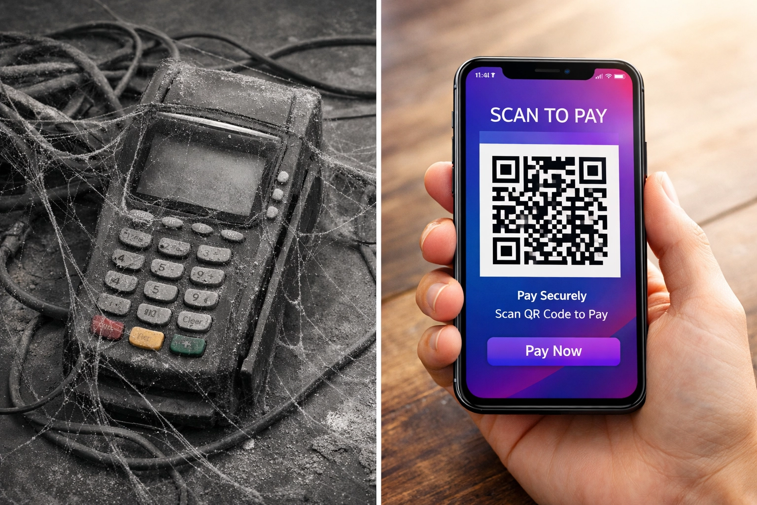 QR code crypto payment on smartphone versus outdated traditional POS terminal hardware