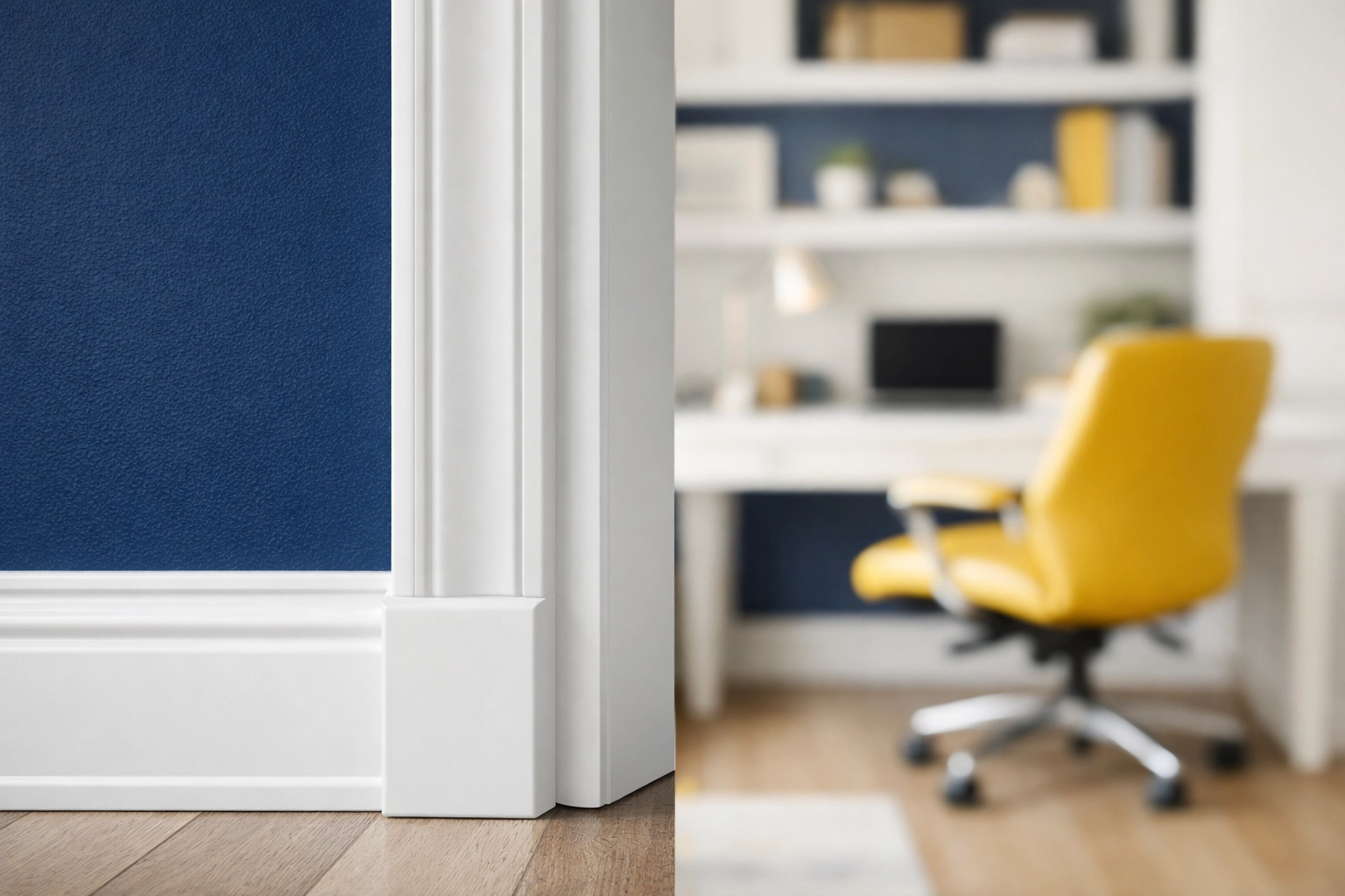 Detailed view of clean white baseboards and an organized home office following professional cleaning.