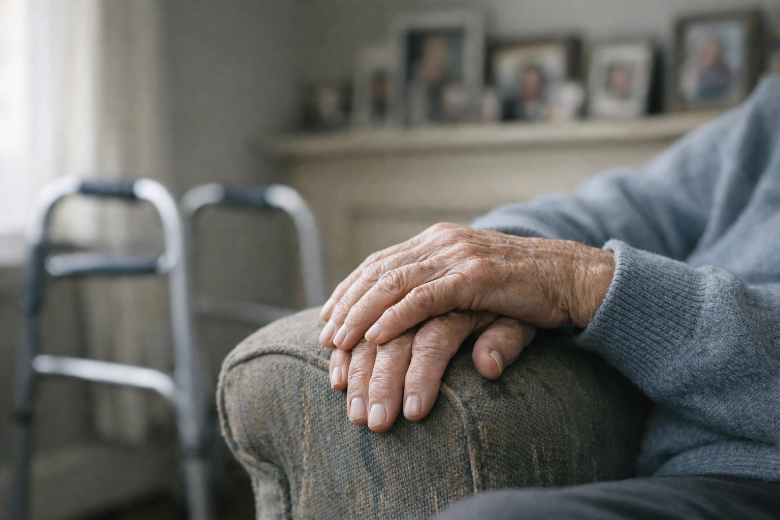 Elderly hands resting by walking frame showing daily fatigue of living with COPD at home