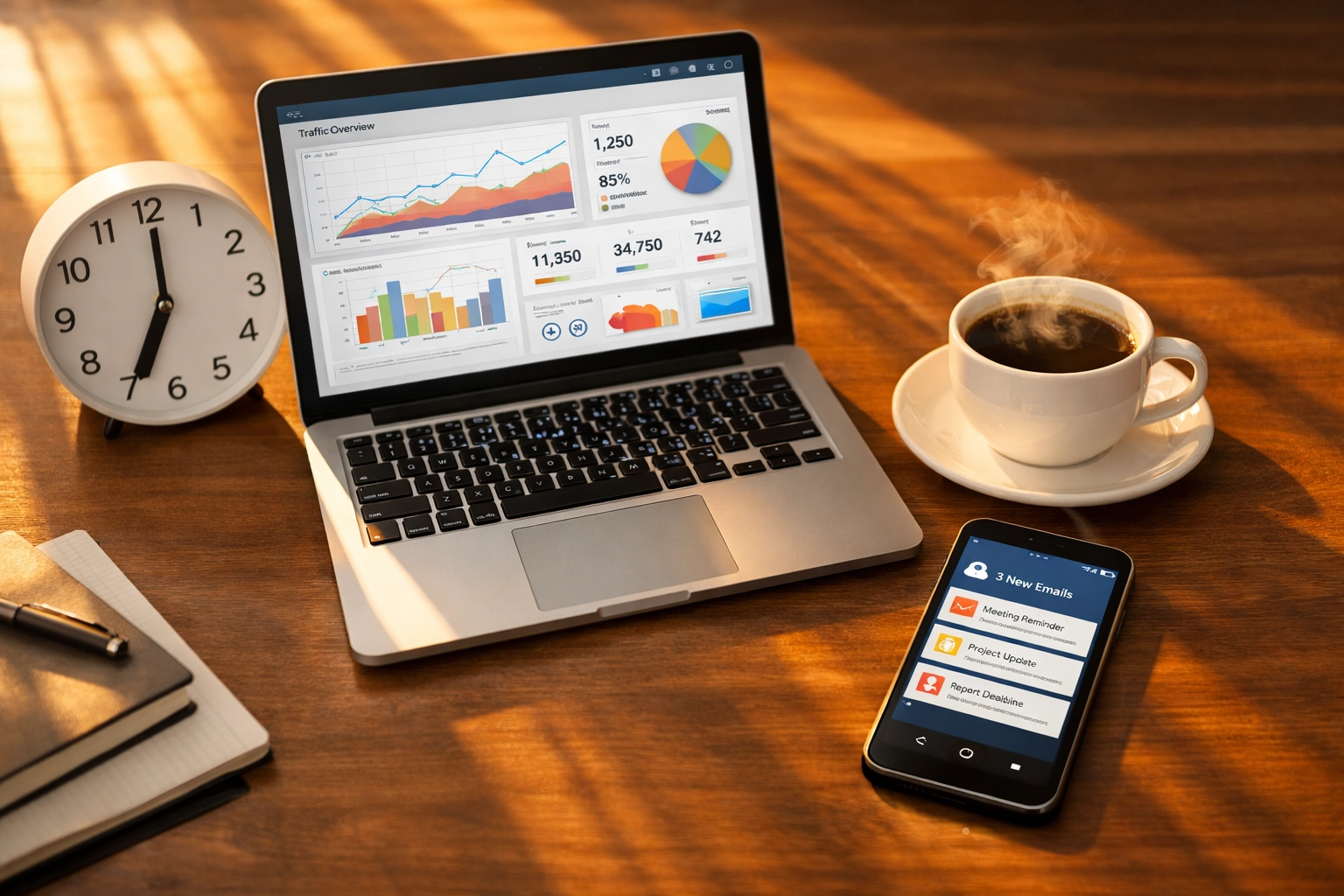 Office desk at 7AM showing automated press distribution dashboard with analytics and notifications