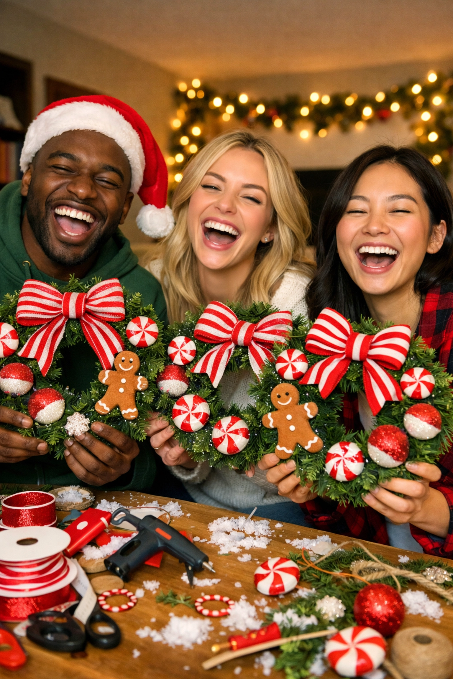 Friends celebrating with handmade gingerbread and candy cane wreaths at a festive group craft event.