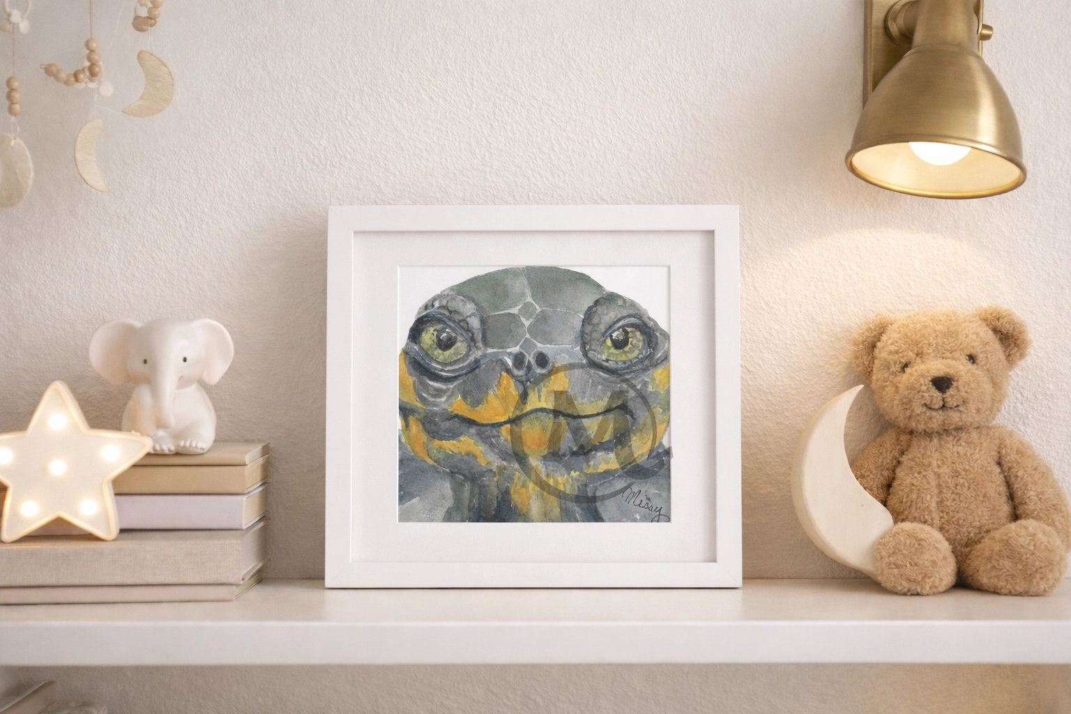 Framed Shelly the Turtle watercolor print on a nursery bookshelf with wooden toys and children's books.