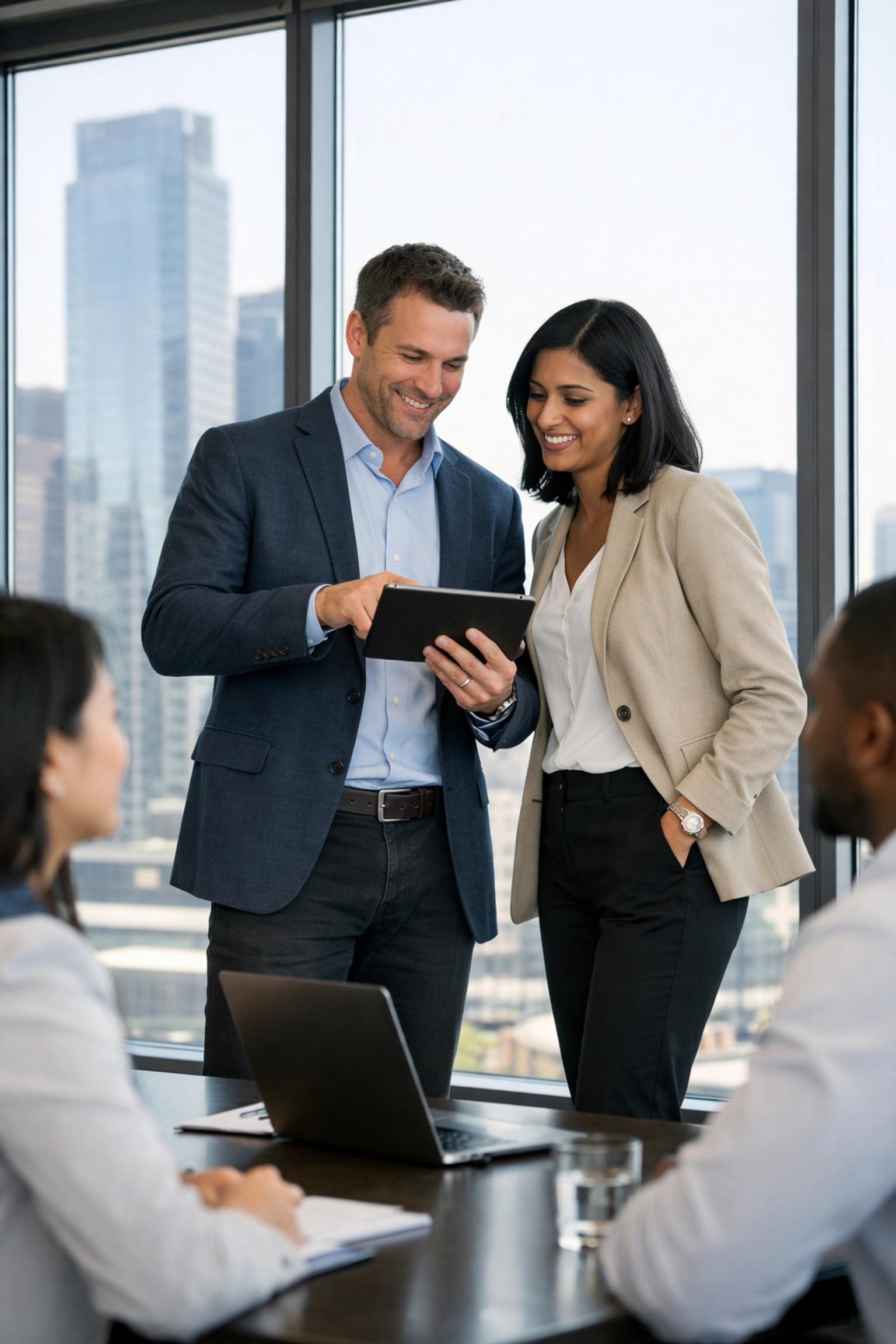 Sales and marketing team collaborating on strategic msp lead generation in a professional conference room.