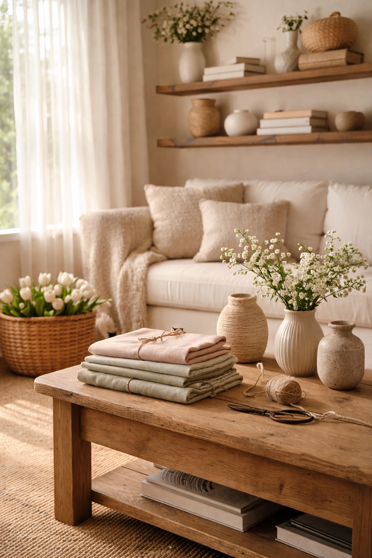 Cozy living room decorated for spring with rustic wood, handmade vases, and soft pastel linens for a curated home look