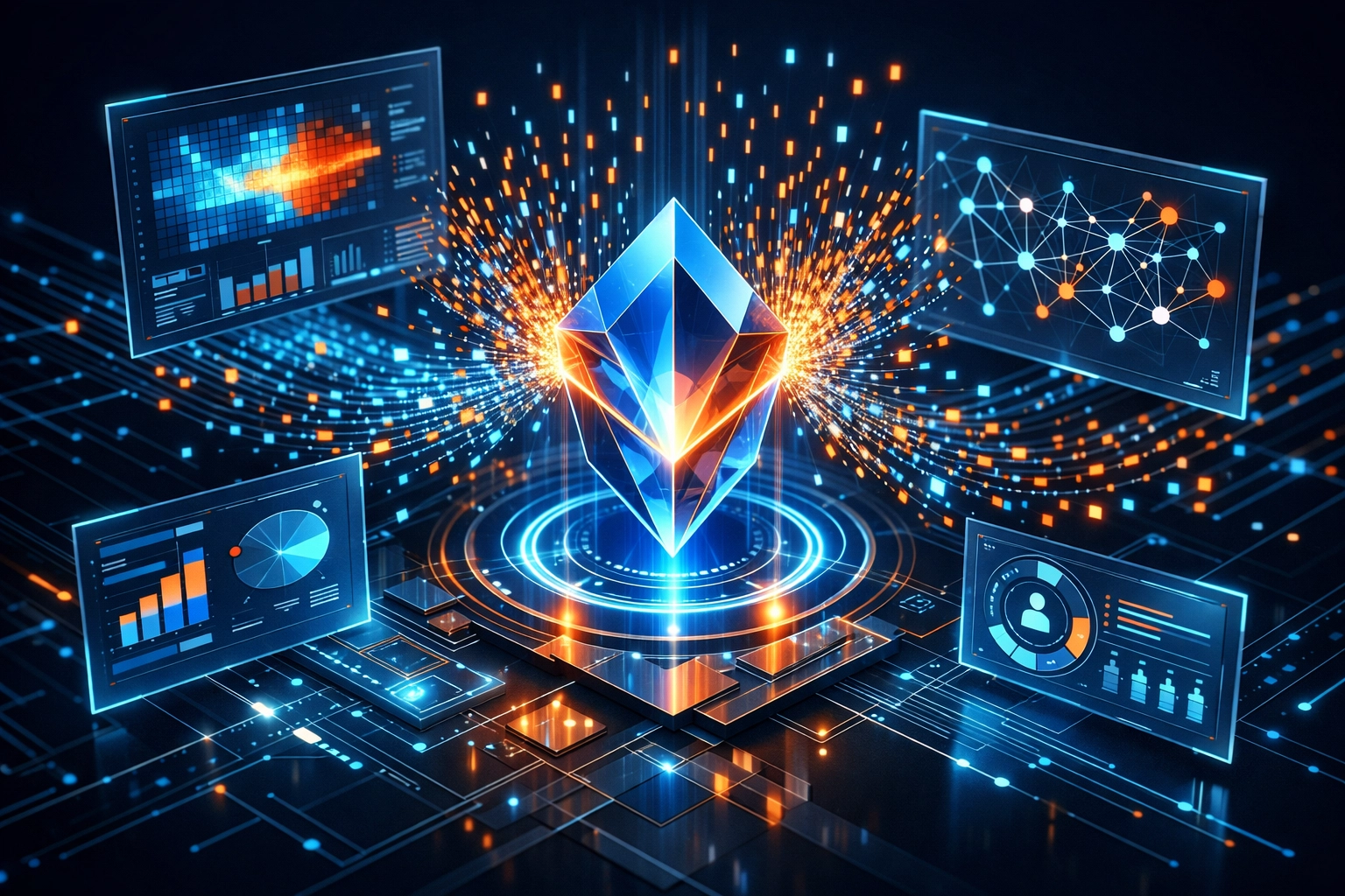 Digital data landscape showing the formation of an AI-powered ideal customer profile for targeted lead generation.