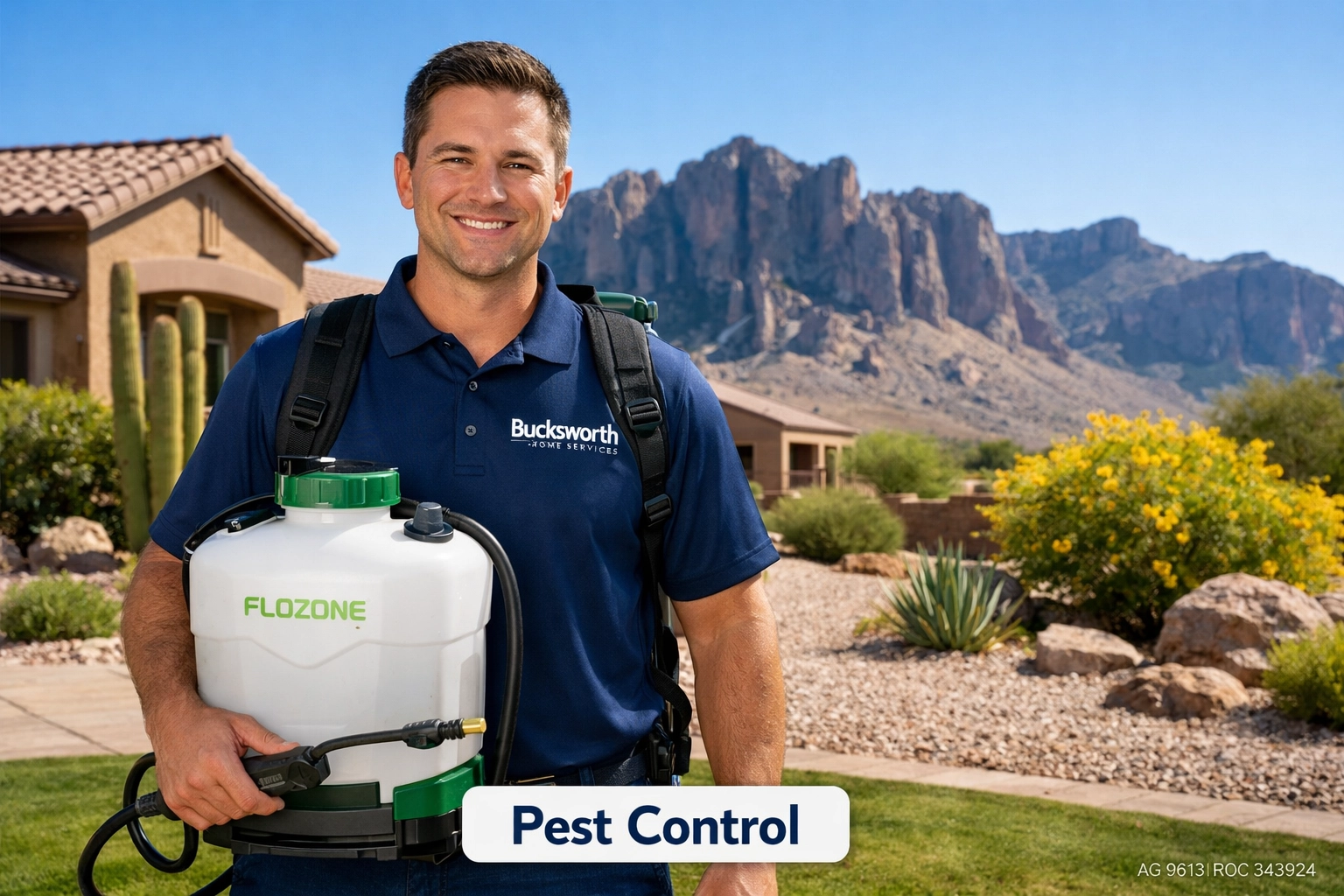Bucksworth Home Services technician providing pest control in Gold Canyon AZ near Superstition Mountain.