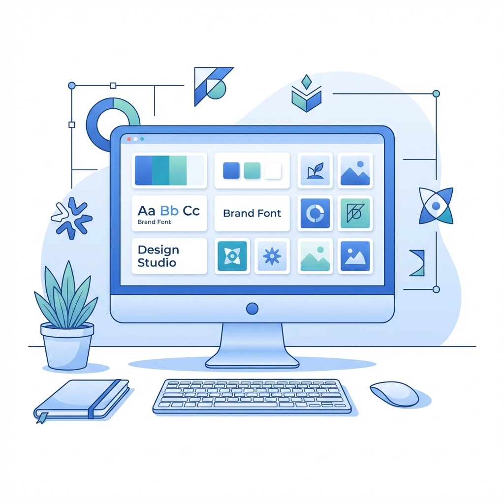 Modern workspace illustration showing a branding mood board, ideal for selecting brand-aligned website images