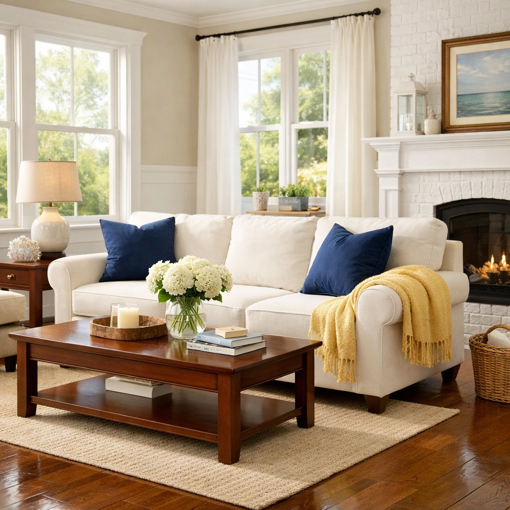 A clean, organized New England living room in Maynard, MA, after a professional bi-weekly house cleaning.