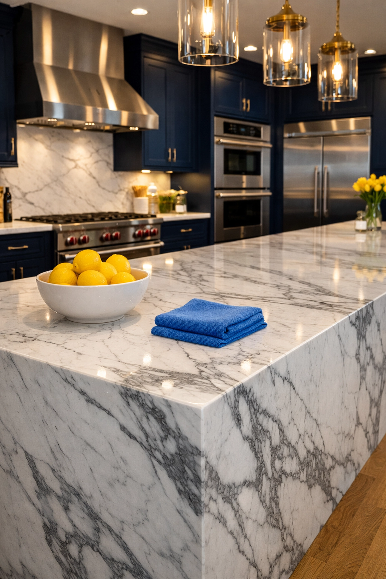 High-end residential cleaning Massachusetts for a modern kitchen with marble island and stainless steel appliances.