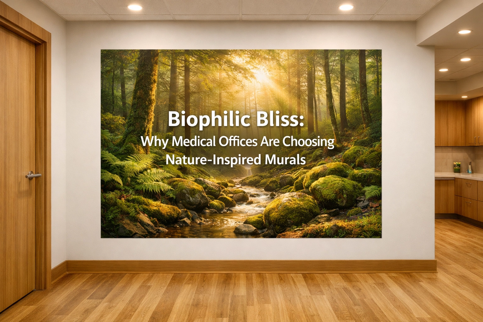 Forest wall mural in a pediatric clinic hallway, using biophilic design to create a calming, nature-inspired space.