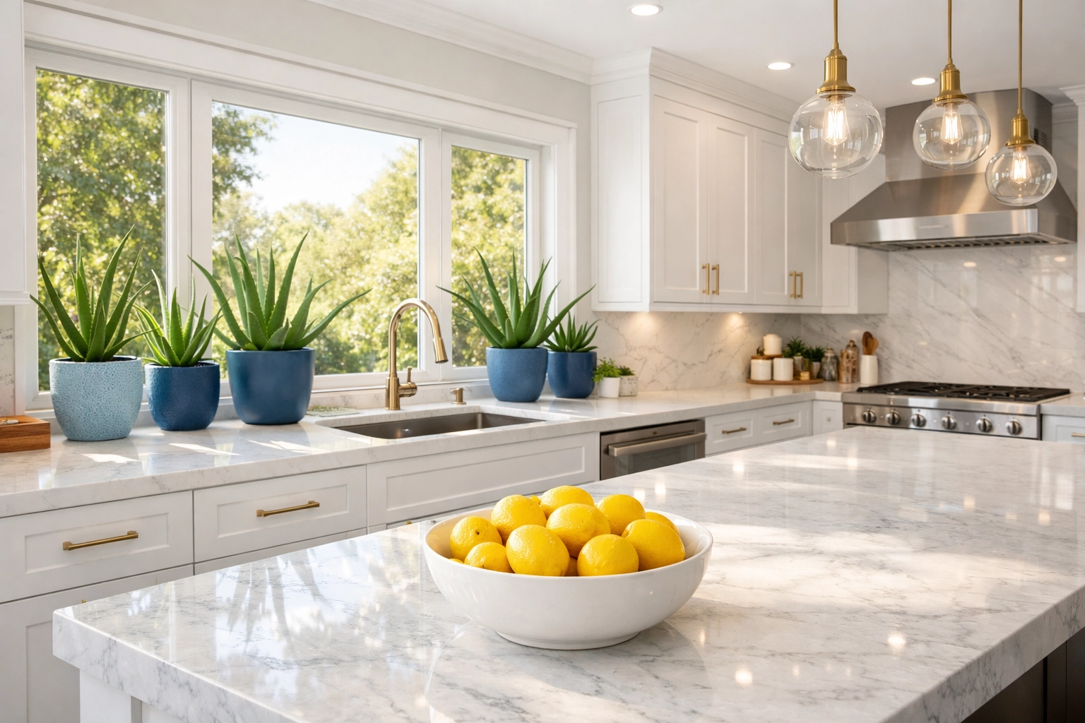 Aloe Vera plants on a sunny kitchen windowsill for natural air purification in a fresh and non-toxic home.