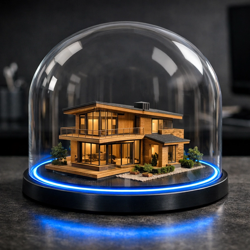 House model protected by a glass dome representing post-divorce asset armor and legal security.