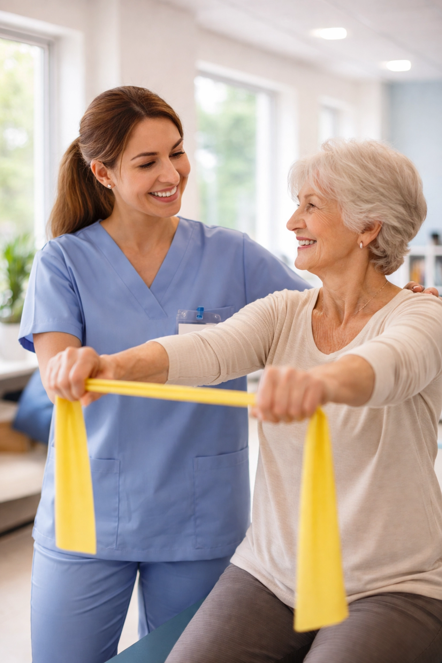 Physical therapist assisting elderly patient in clinic, emphasizing focus on care when therapy billing is outsourced