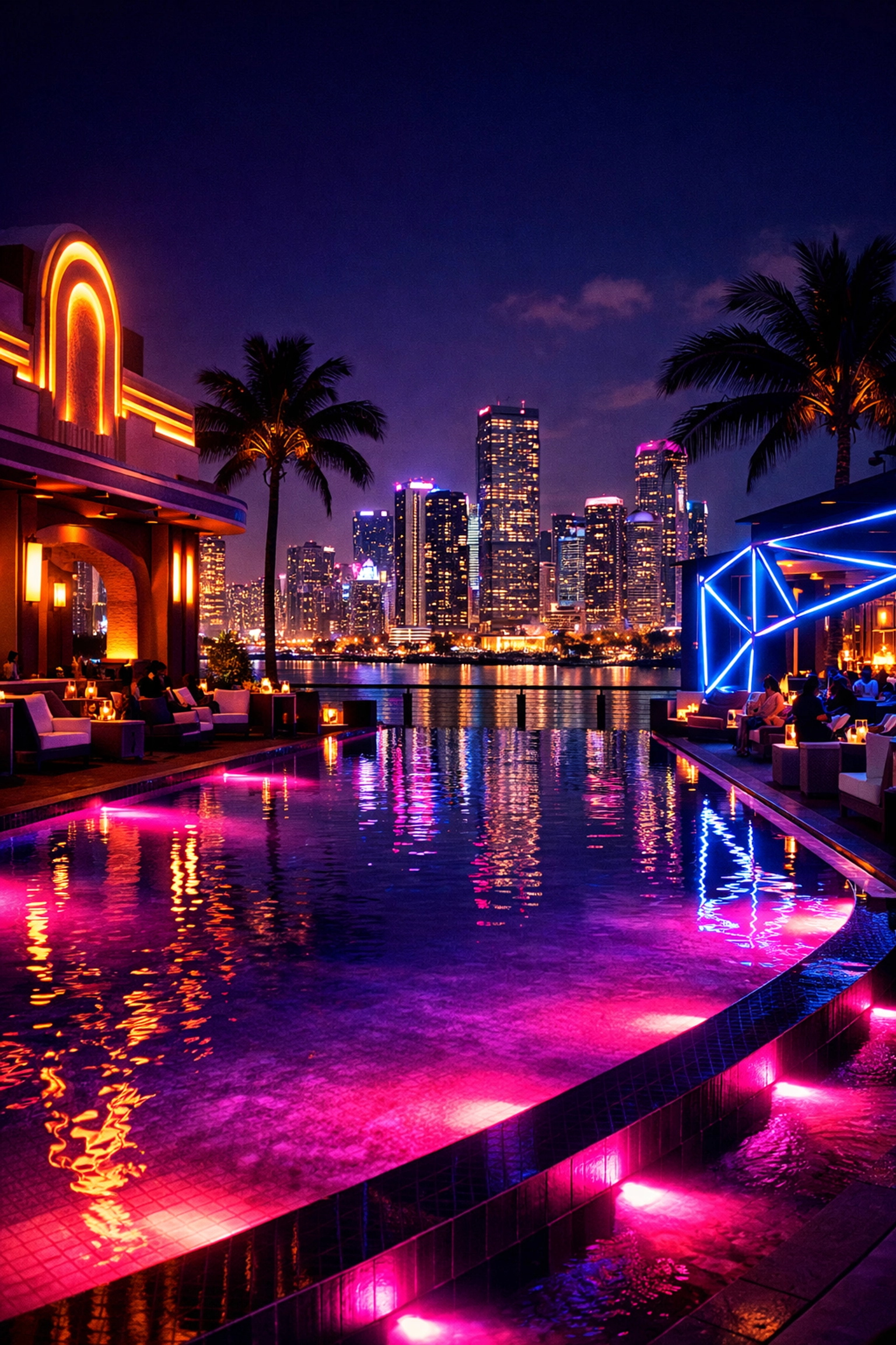 Miami rooftop nightclub with infinity pool and illuminated skyline views