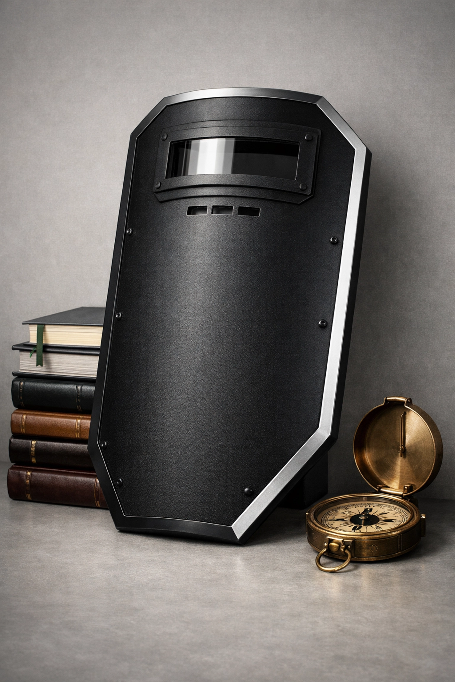 Tactical shield leaning against financial ledgers symbolizing asset protection and market crash safety.