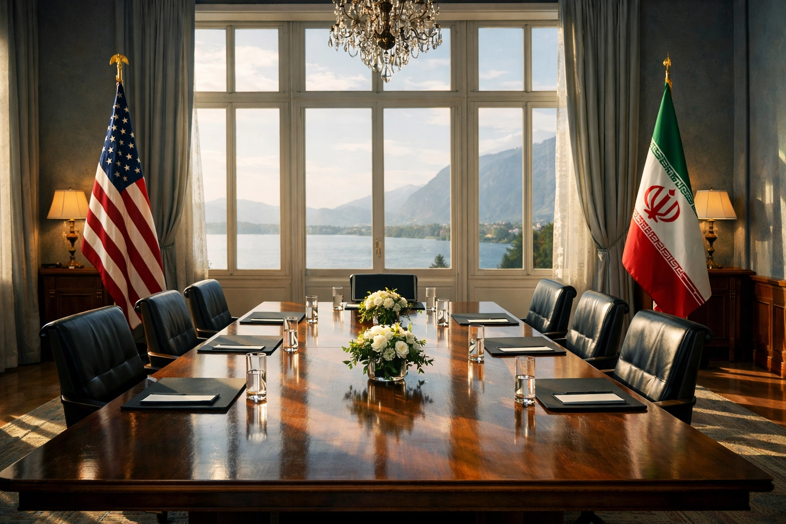 US and Iran diplomatic negotiation room in Geneva symbolizing nuclear peace talks progress