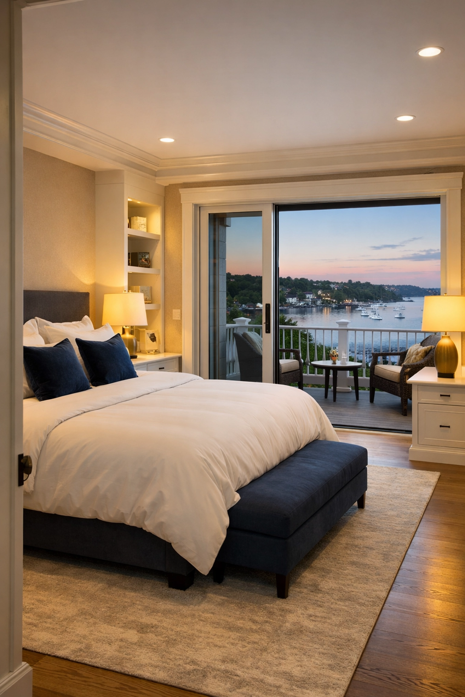 Clean and serene master bedroom suite overlooking the harbor after a professional move-in cleaning.