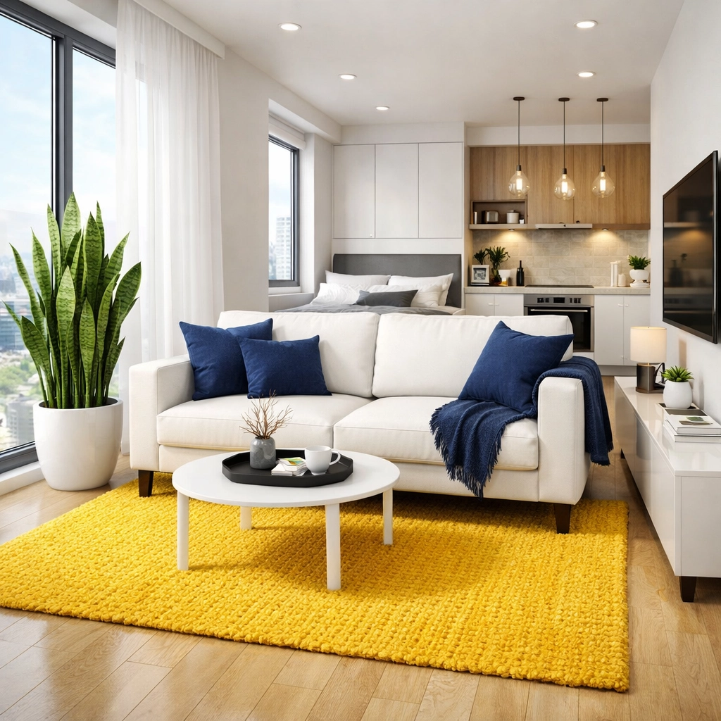 Organized studio apartment living area in Leominster after professional apartment cleaning.