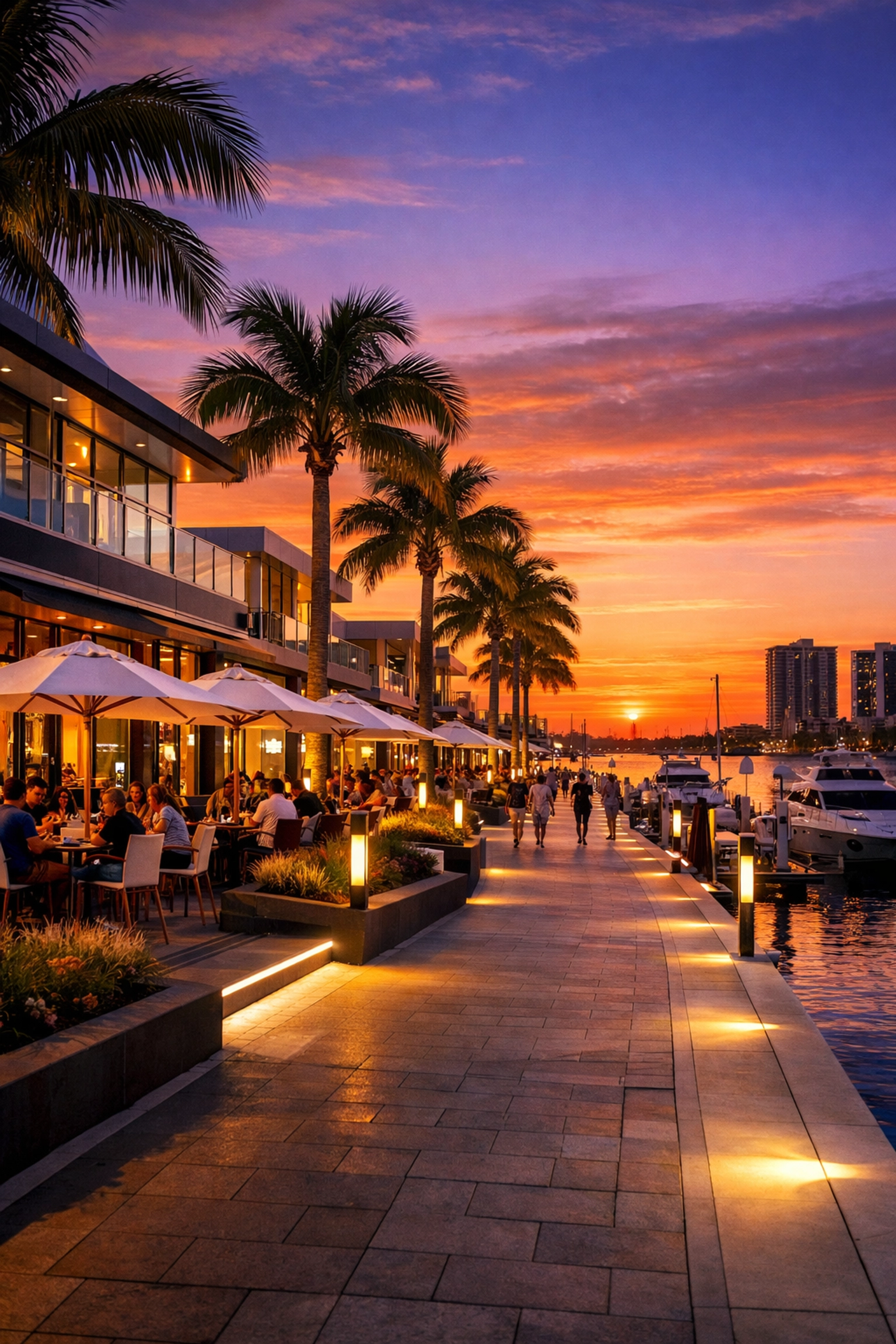 Modern waterfront promenade and marina development in Southwest Florida at sunset.