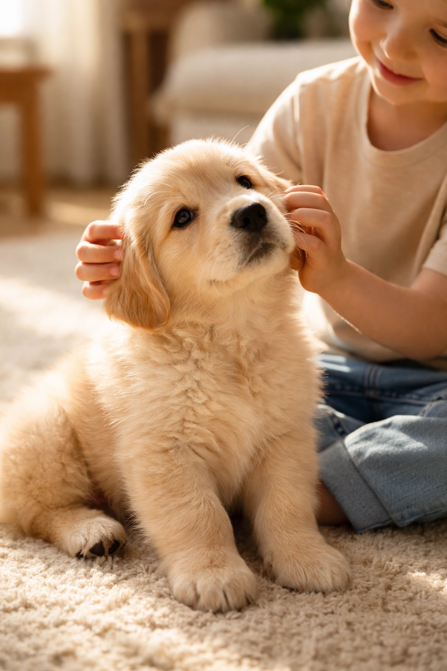 Golden Retriever puppy bonding with a young child on the living room floor, promoting therapy dog temperament