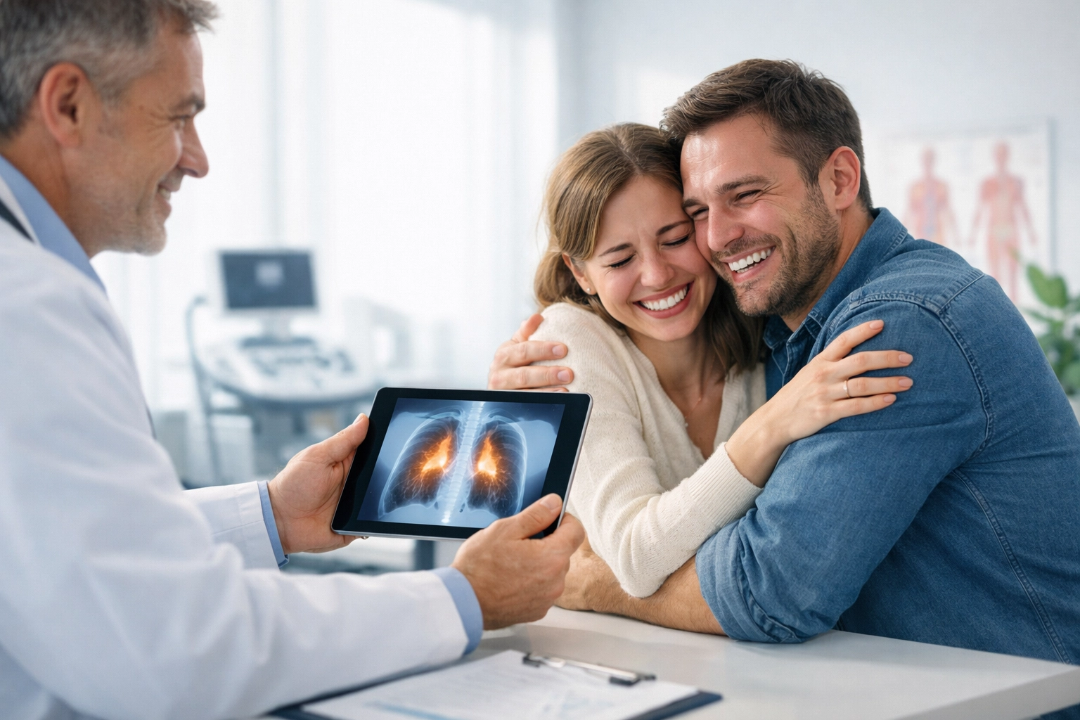 A joyful couple celebrating a medical miracle after a doctor shares news of an inexplicable recovery.