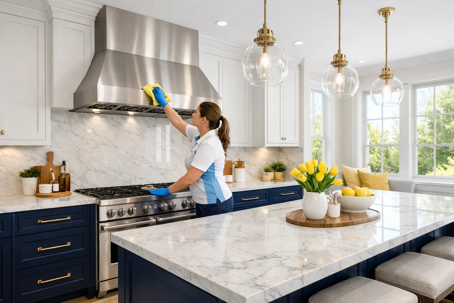 Professional cleaner wiping a range hood during post construction cleaning Franklin in a modern kitchen.