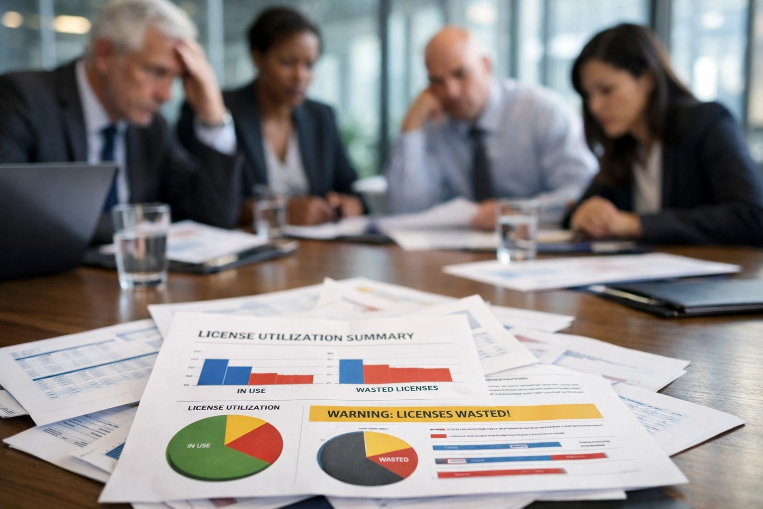 Business team reviewing ServiceNow license utilization audit revealing hidden waste