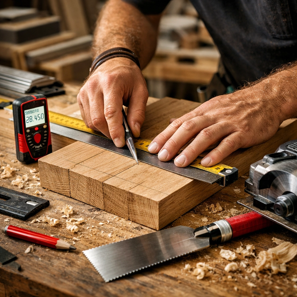 Skilled joiner measuring and cutting bespoke retail millwork for high-specification fit-out