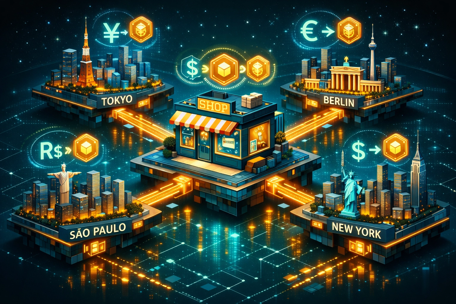 Business storefront connected to global markets through blockchain, illustrating Web3 payment infrastructure