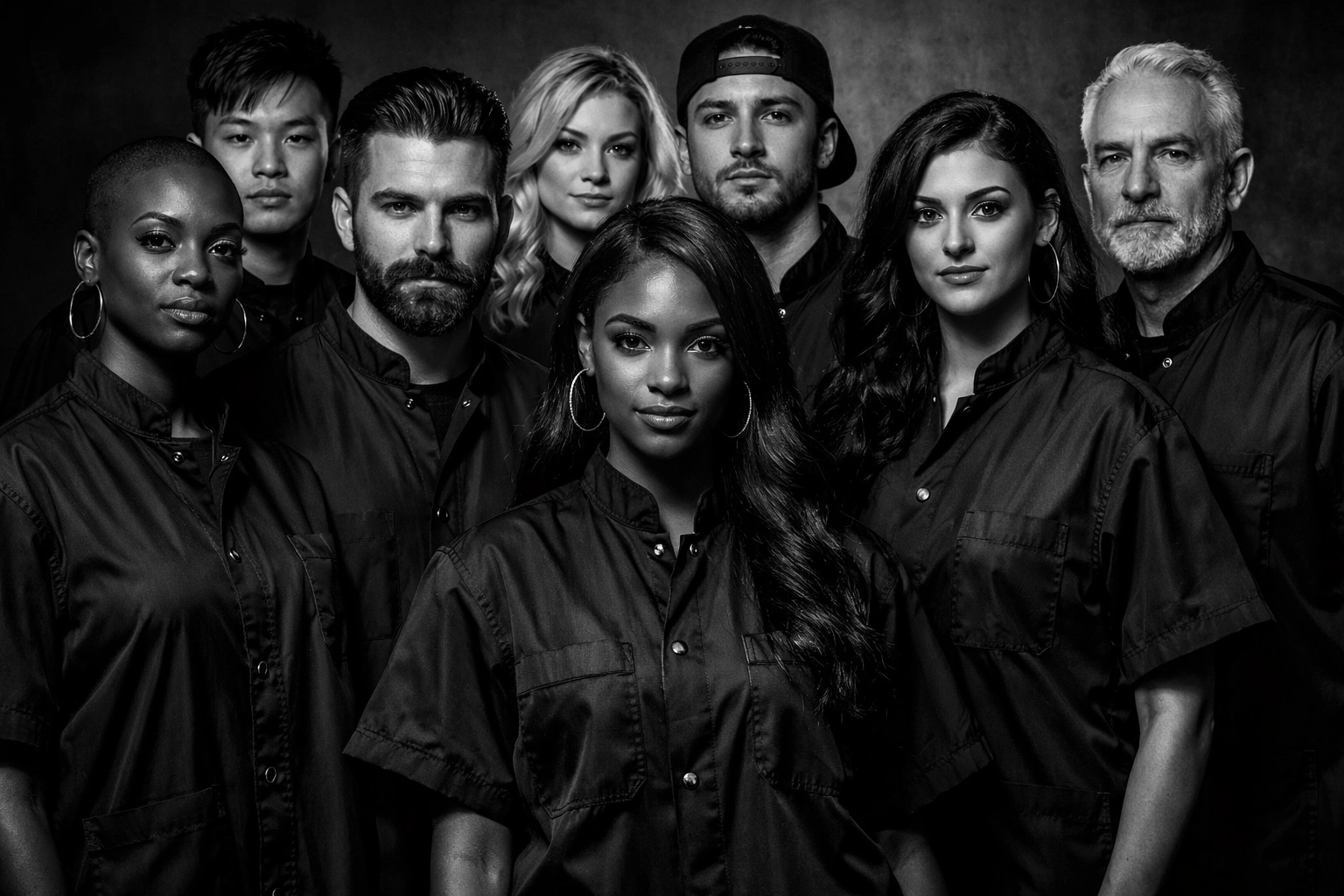 Diverse group of licensed barbers graduating from X-Quisie Cutz, an elite barber school in Ohio.