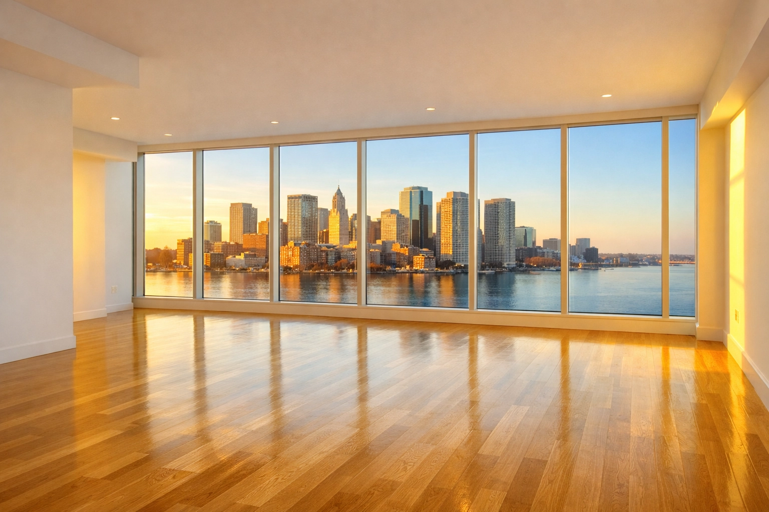 Empty Seaport high-rise apartment with polished floors after a professional apartment cleaning Boston service.