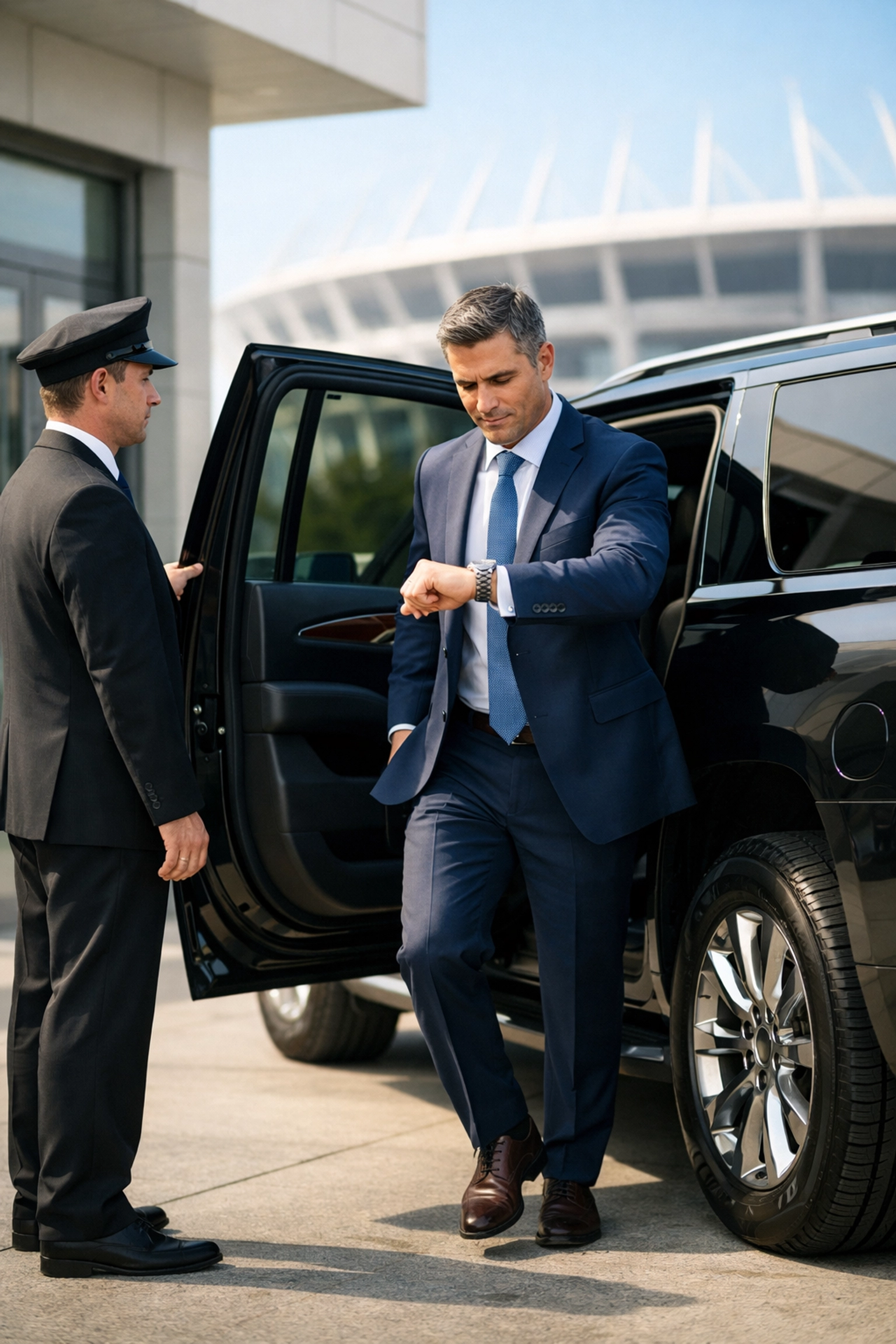 Executive arriving at a Super Bowl stadium via luxury chauffeur service for high-stakes networking.