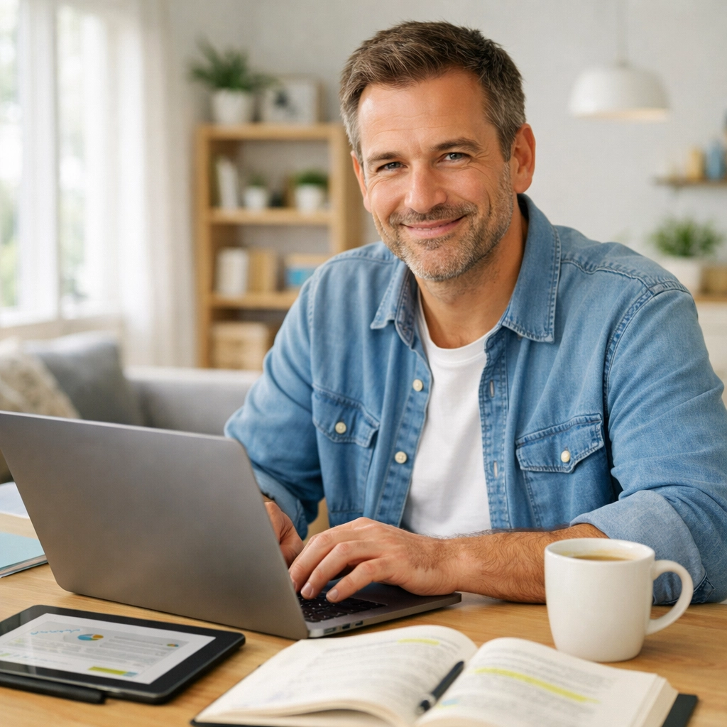A busy adult student confidently using the Quick Credit Academy study portal on a laptop. (1x1, center safe zone)