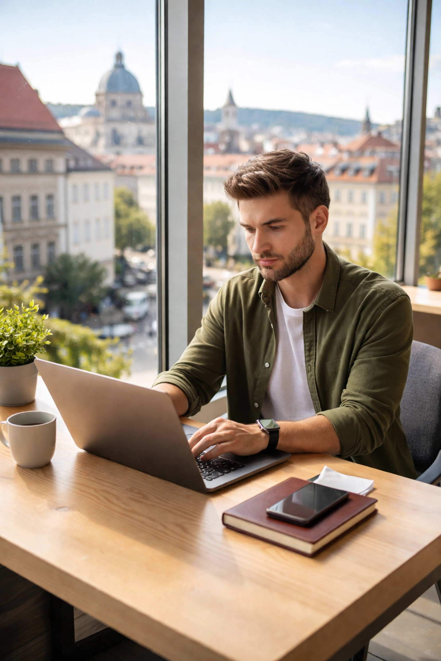Digital nomad working on laptop in co-working space with passport and coffee, representing foreign income tax filing